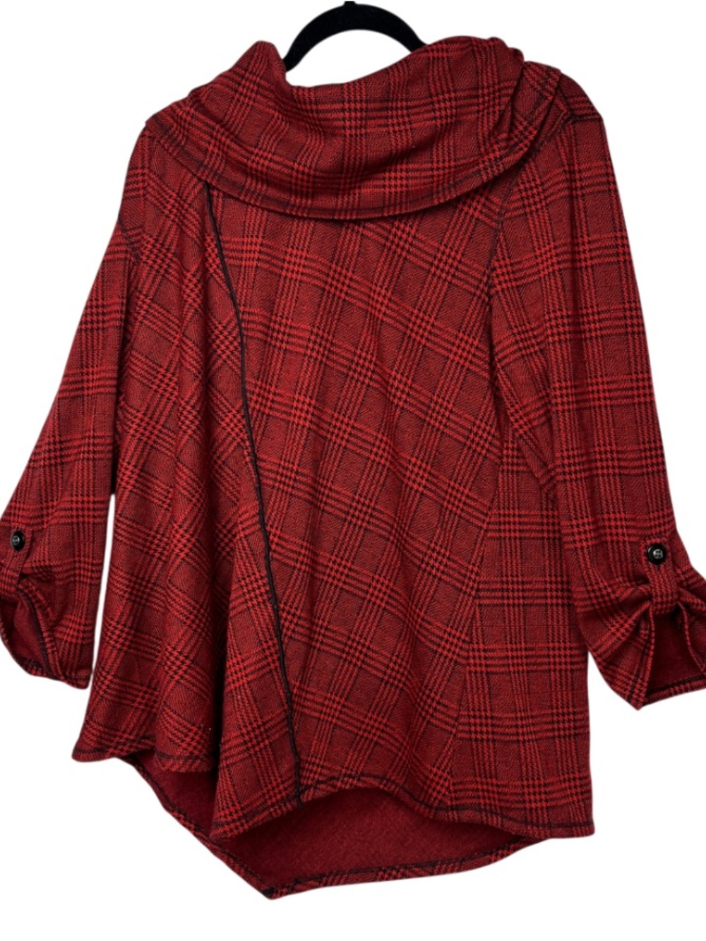 Ali Miles Red and Black Plaid Cowl Neck Tunic